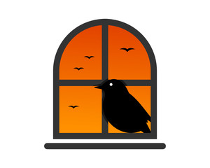 Canvas Print - crows perched on the window dusk image vector icon logo silhouette