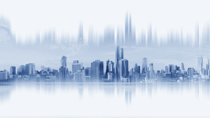 Modern buildings, abstract city network connection, on white background