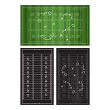 Football Or Soccer Game Strategy Plan Isolated On Blackboard With Chalk Rubbed Background. Football Or Soccer Strategy Board