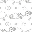 Funny sheep flying in the clouds. Cheerful seamless pattern background. Vector illustration.