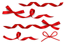 Set Of Beautiful Red Decorative Bow With Long Curled Red Ribbon Isolated On White Background. Holyday Decorations. Vector Illustration