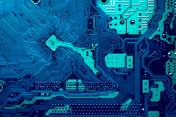 blue circuit board background of computer motherboard