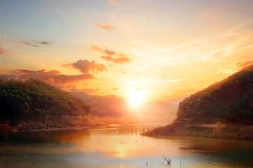 Wall Mural - mountain river landscape at sunset background