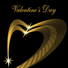 Valentine s Day. Congratulatory inscription. Two golden waves in the form of hearts on a black background. Stars. illustration