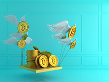 Gold Bitcoin With Wing And Smartphone.Financial Growth Concept.3d Rendering  Illustration.