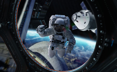 Leinwandbilder - Astronaut working on a space station 3D rendering elements of this image furnished by NASA