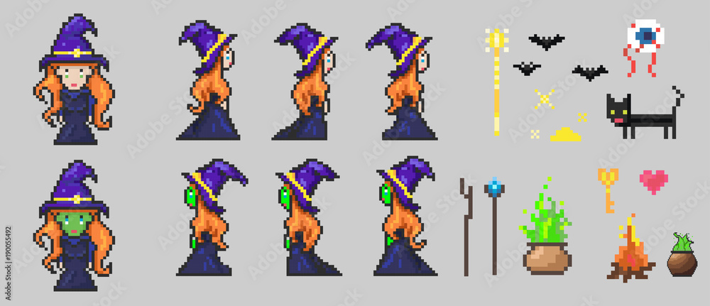 a set of elements for a computer game, magic, magic, pixel art Stock