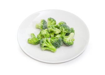 Wall Mural - Frozen broccoli on dish on a white background