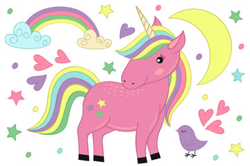 Plakat magic unicorn and bird - vector illustration, eps