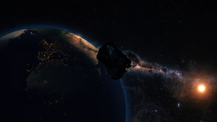 Wall Mural - Computer generated image of an asteroid coming close to planet Earth. Conceptual image