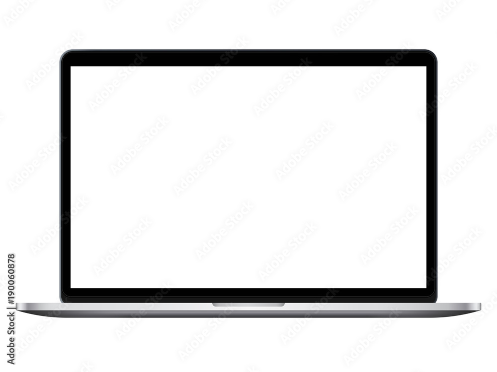 Modern open laptop with blank screen isolated on white background. Realistic laptop mockup. Computer screen front view. Vector illustration - obrazy, fototapety, plakaty 