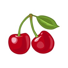 Whole Cherry Berry With Leaf. Vector Vintage Flat