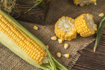 Wall Mural - Fresh corn on cobs on rustic wooden table, top view. Dark wooden background freshly harvested organic corn.