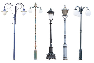 Real vintage street lamp posts and lanterns, set of five outdoor lamp posts isolated on white background