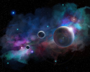 Wall Mural - colorful space star nebula and planets in space background. digital painting.