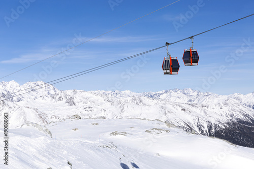 Cableway Lift Cable Cars Gondola Cabins On Winter Snowy Mountains