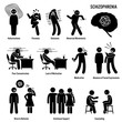 Schizophrenia Chronic Brain Disorder Icons. Pictograms showing signs, symptoms, and treatment of schizophrenia brain disorder disease.