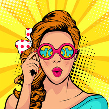 Wow Pop Art Face Of Surprised Woman Open Mouth Holding Sunglasses In Her Hand With Inscription Wow In Reflection. Vector Illustration In Retro Comic Style.