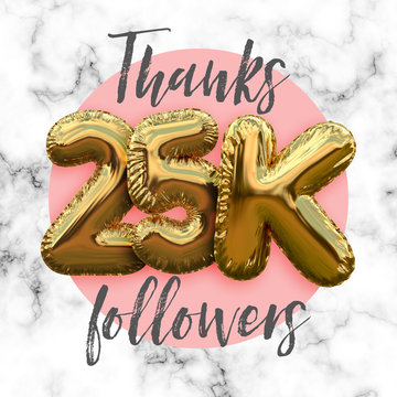 Thank you twenty five thousand followers gold foil balloon ocial media subscriber banner.