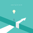 Business solution with creative idea vector concept. Businessman flying with lightbulb balloon over hole.