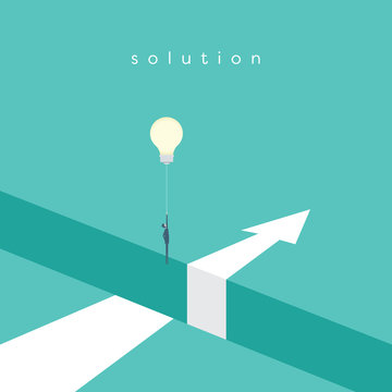 business solution with creative idea vector concept. businessman flying with lightbulb balloon over 