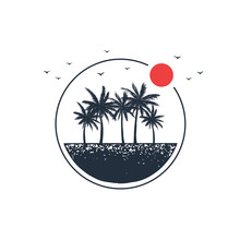 Hand Drawn Travel Badge With Palm Trees Textured Vector Illustration.