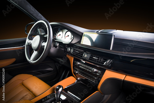 Modern Luxury Car Interior Steering Wheel Shift Lever And