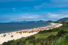 Camboinhas Beach Is Full Of People During Sunny Summer Day In Niteroi, Rio De Janeiro, Brazil