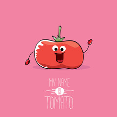 vector funny cartoon cute red smiling tomato character isolated on pink background. My name is tomato. vegetable funky food character