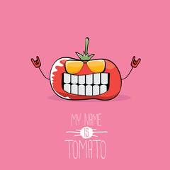 vector funny cartoon cute red smiling tomato character isolated on pink background. My name is tomato. vegetable funky food character