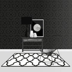 Wall Mural - Black and white stylish interior with modern decor elements. Vector illustration.