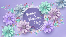 Abstract Festive Background With Flowers And A Rectangular Frame. Happy Mother's Day. Women's Day, March 8. Paper Cut Floral Greeting Card. Vector Illustration