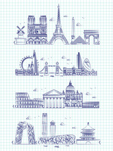 Popular Word Cities Outline Panorama On Notebook Page