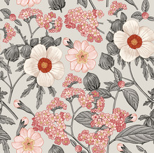 Seamless Pattern. Beautiful Pink Blooming Realistic Isolated Flowers. Vintage Background. Prímula, Hibiscus Heliotrope Mallow Wildflowers. Wallpaper. Drawing Engraving. Vector Victorian Illustration.