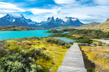 Pehoe Lake And Guernos Mountains Beautiful Landscape, National Park Torres Del Paine, Patagonia, Chile, South America
