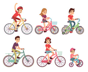 Wall Mural - People riding bike. Flat cyclist on bicycles vector set