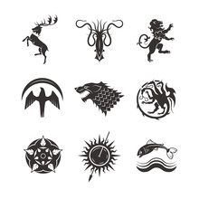 Great Kingdoms Houses Gaming Heraldic Vector Icons With Line Animals And Throne Symbols