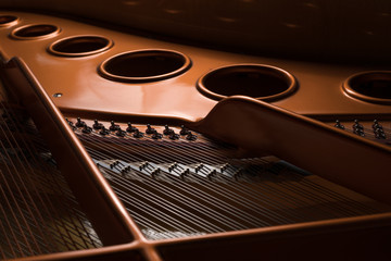 Detail view of the interior of a grand piano