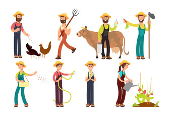 Sticker - Cartoon farmer and gardeners with tools and farm animals vector characters set