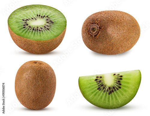 Collection ripe kiwi fruit, whole, cut in half, slice Poster Mural XXL
