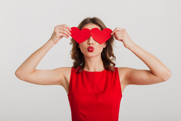 Poster - Portrait of a lovely young woman dressed in red dress