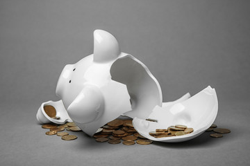 Poster - Broken piggy bank with money on gray background