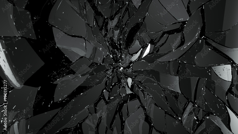 Pieces of broken or cracked glass on black - obrazy, fototapety, plakaty 