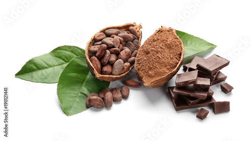 Fotografía Composition with healthy cocoa products on white background