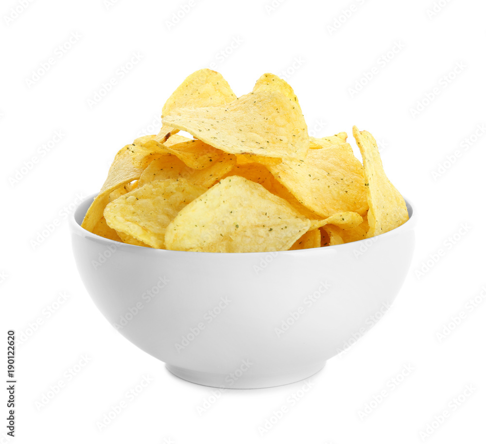 Potato chips in bowl on white background