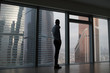 © kanashkin - Businessman standing near large panoramic window with big city buildings.