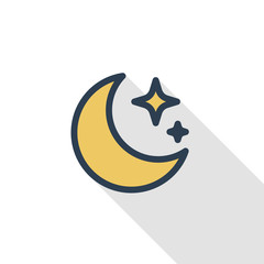 Wall Mural - night, Moon and star thin line flat color icon. Linear vector illustration. Pictogram isolated on white background. Colorful long shadow design.