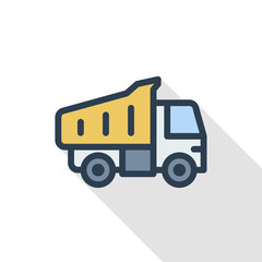 Wall Mural - dump truck thin line flat color icon. Linear vector illustration. Pictogram isolated on white background. Colorful long shadow design.