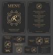Restaurant menu template. Elegant black and luxury gold. Branding. Business card, flyer, vip card and gift voucher. Vector design.