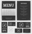 Luxury Menu Restaurant Template. Branding. White Wood on black background. Monogram with the letter R. Business card, flyer, vip card and gift voucher. Vector design.